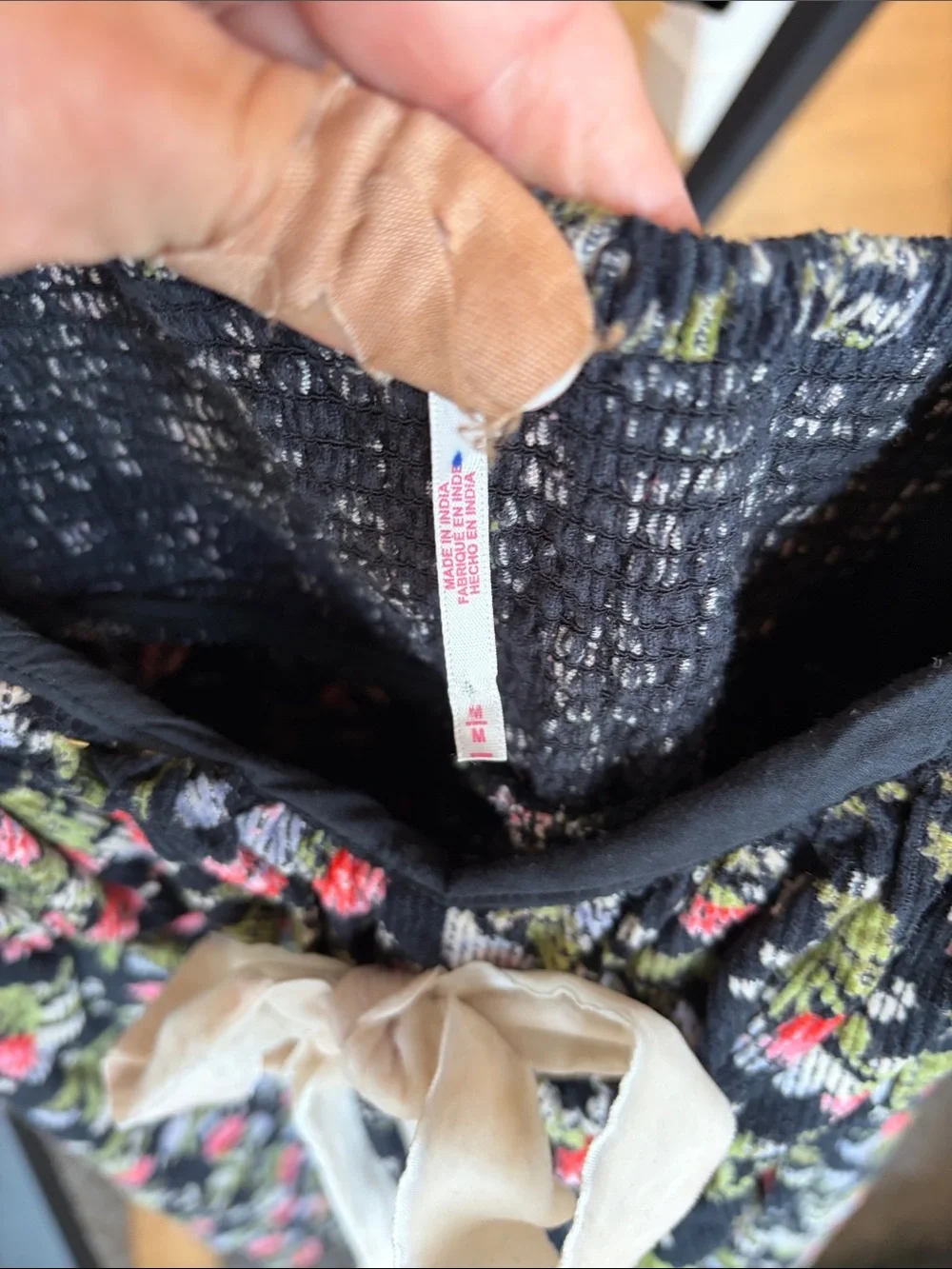 Free People Black Floral Peasant Blouse with Cream Tie